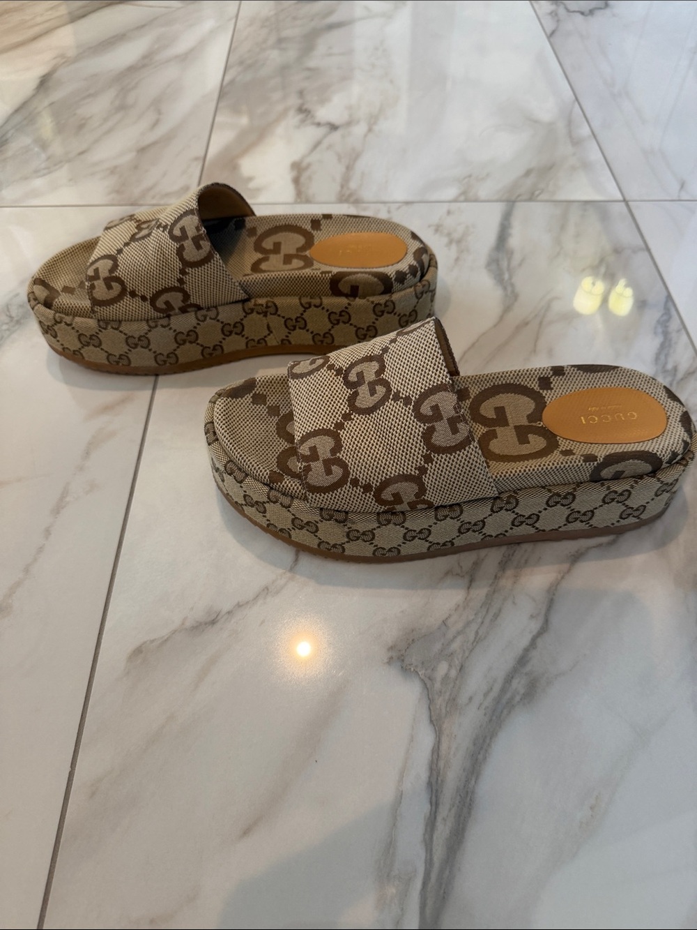 Gucci Tan GG Canvas Platform Slide Sandals - Picture 7 of 8